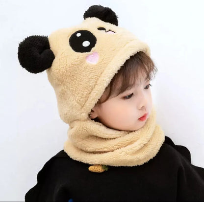 Girls Boys Winter Hat scarf One Piece Cute Warm Ear and neck Protection Winter Warm Fleece Cute Cartoon Panda Hats Windproof