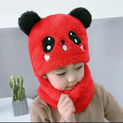 Girls Boys Winter Hat scarf One Piece Cute Warm Ear and neck Protection Winter Warm Fleece Cute Cartoon Panda Hats Windproof