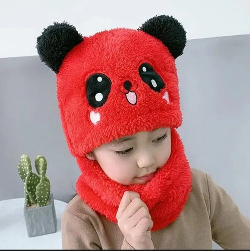 Girls Boys Winter Hat scarf One Piece Cute Warm Ear and neck Protection Winter Warm Fleece Cute Cartoon Panda Hats Windproof